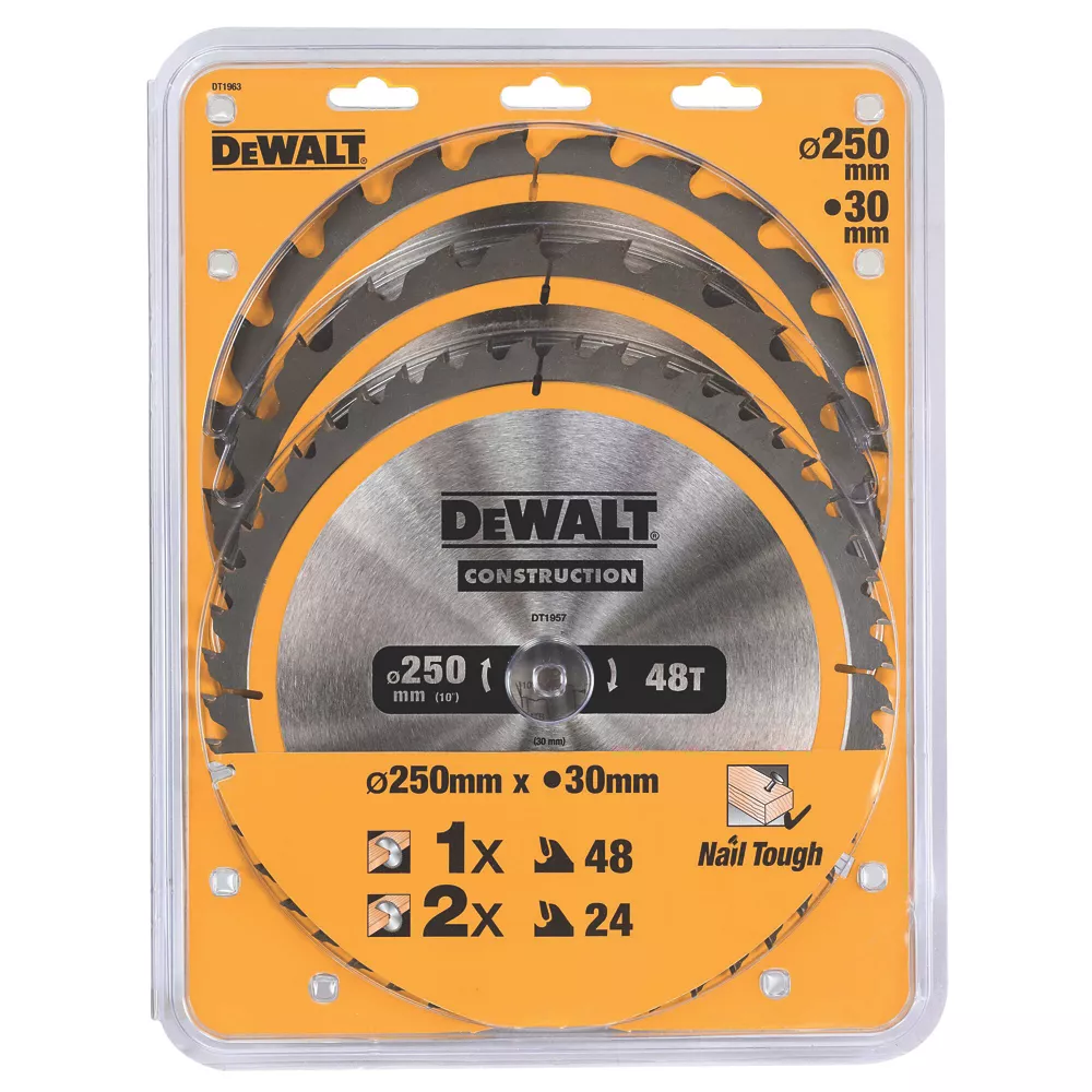 DeWalt Wood/Plastic Circular Saw Blade Set 250 X 30mm 24 / 48T 3 Pack 2 DeWalt Wood/Plastic Circular Saw Blade Set 250 X 30mm 24 / 48T 3 Pack - Image 2