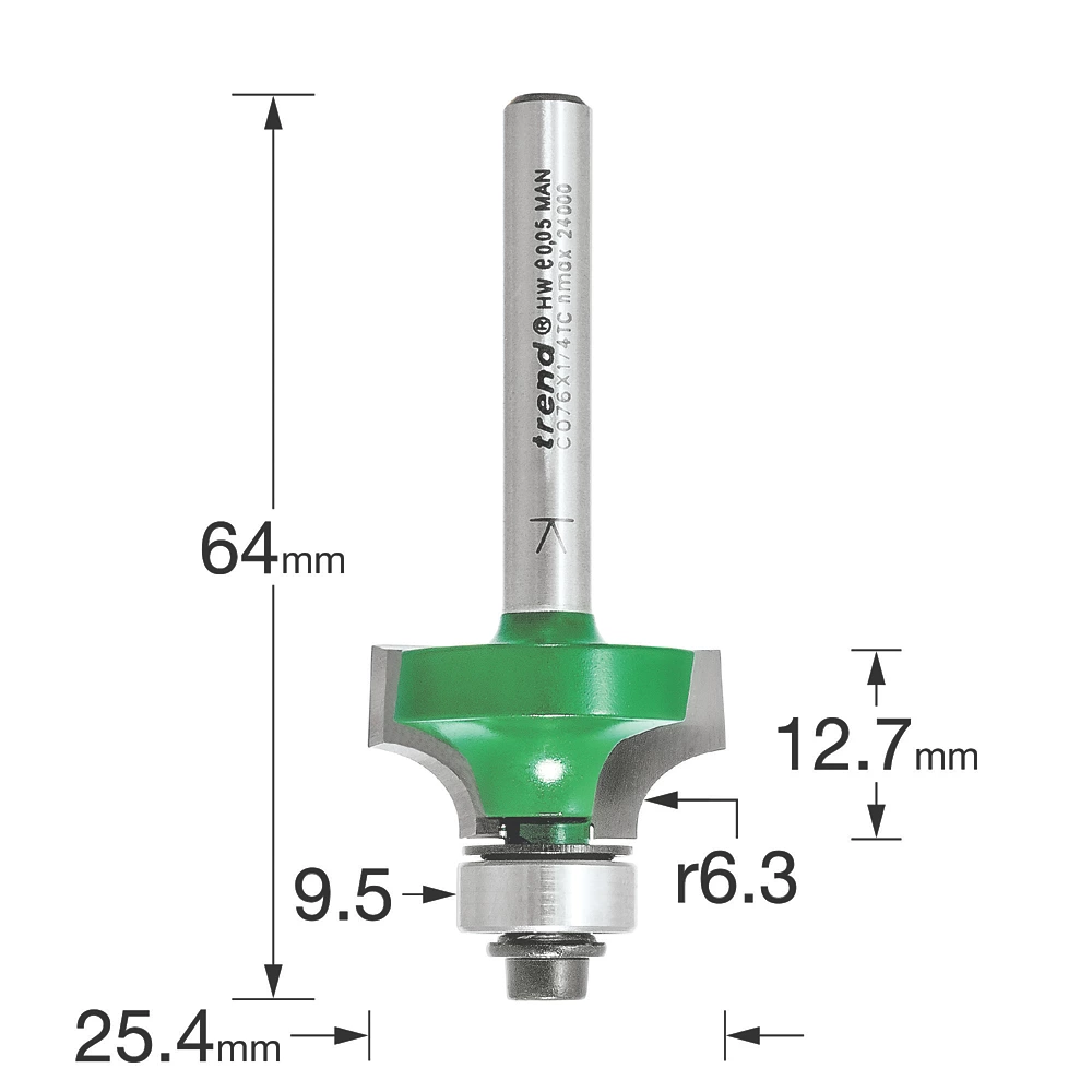 Trend C076X1/4TC 1/4" Shank Double-Flute Rounding-Over Bearing-Guided Router Cutter 25.4 X 12.7mm 2 Trend C076X1/4TC 1/4" Shank Double-Flute Rounding-Over Bearing-Guided Router Cutter 25.4 X 12.7mm - Image 2