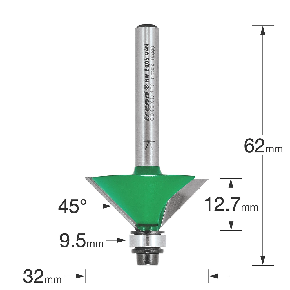 Trend C049X1/4TC 1/4" Shank Double-Flute 45° Chamfer Bearing-Guided Router Cutter 32 X 12.7mm 3 Trend C049X1/4TC 1/4" Shank Double-Flute 45° Chamfer Bearing-Guided Router Cutter 32 X 12.7mm - Image 3