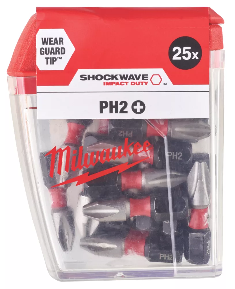 Milwaukee Shockwave 1/4" Straight Shank PH2 Screwdriver Bits 25 Pack 1 Milwaukee Shockwave 1/4" Straight Shank PH2 Screwdriver Bits 25 Pack