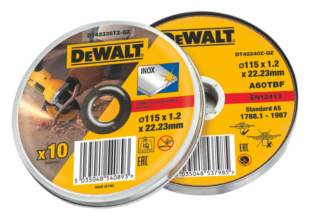DeWalt DT42335TZ-QZ Stainless Steel Metal Cutting Discs 4 1/2" (115mm) X 1.2 X 22.2mm 10 Pack 1 DeWalt DT42335TZ-QZ Stainless Steel Metal Cutting Discs 4 1/2" (115mm) X 1.2 X 22.2mm 10 Pack