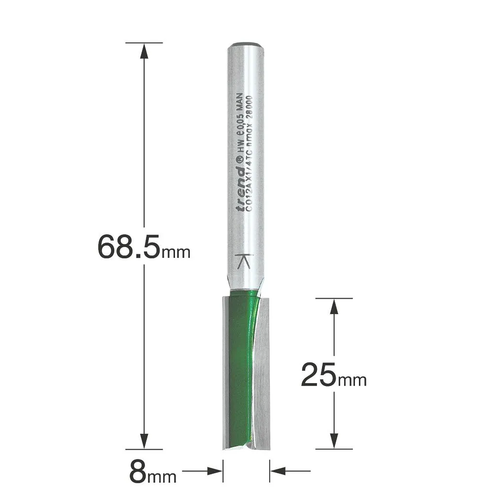 Trend C012AX1/4TC 1/4" Shank Double-Flute Straight Router Cutter 8 X 25mm 3 Trend C012AX1/4TC 1/4" Shank Double-Flute Straight Router Cutter 8 X 25mm - Image 3